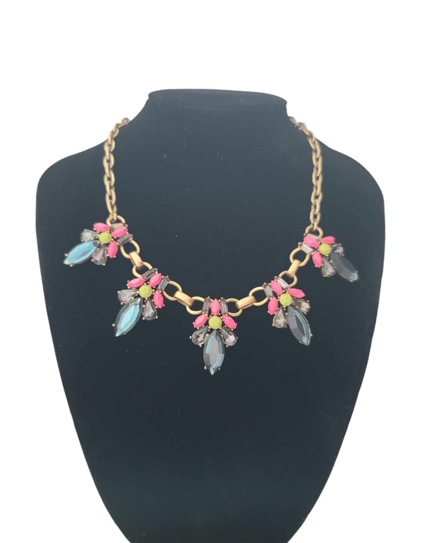 Necklace of Montana Blue, Opaque Hot Pink and Opaque Lime Rhinestones in Antiqued Gold Tone