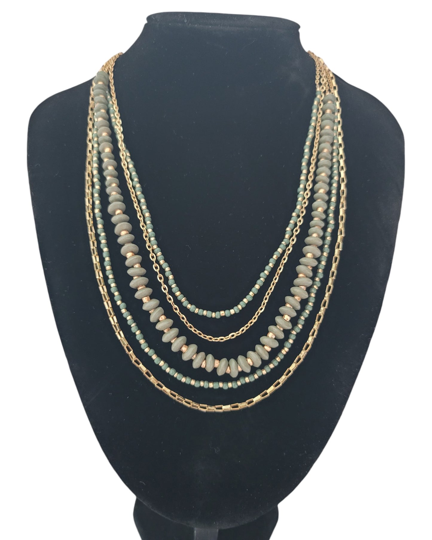 Layered Olive & Gold Beaded Necklace