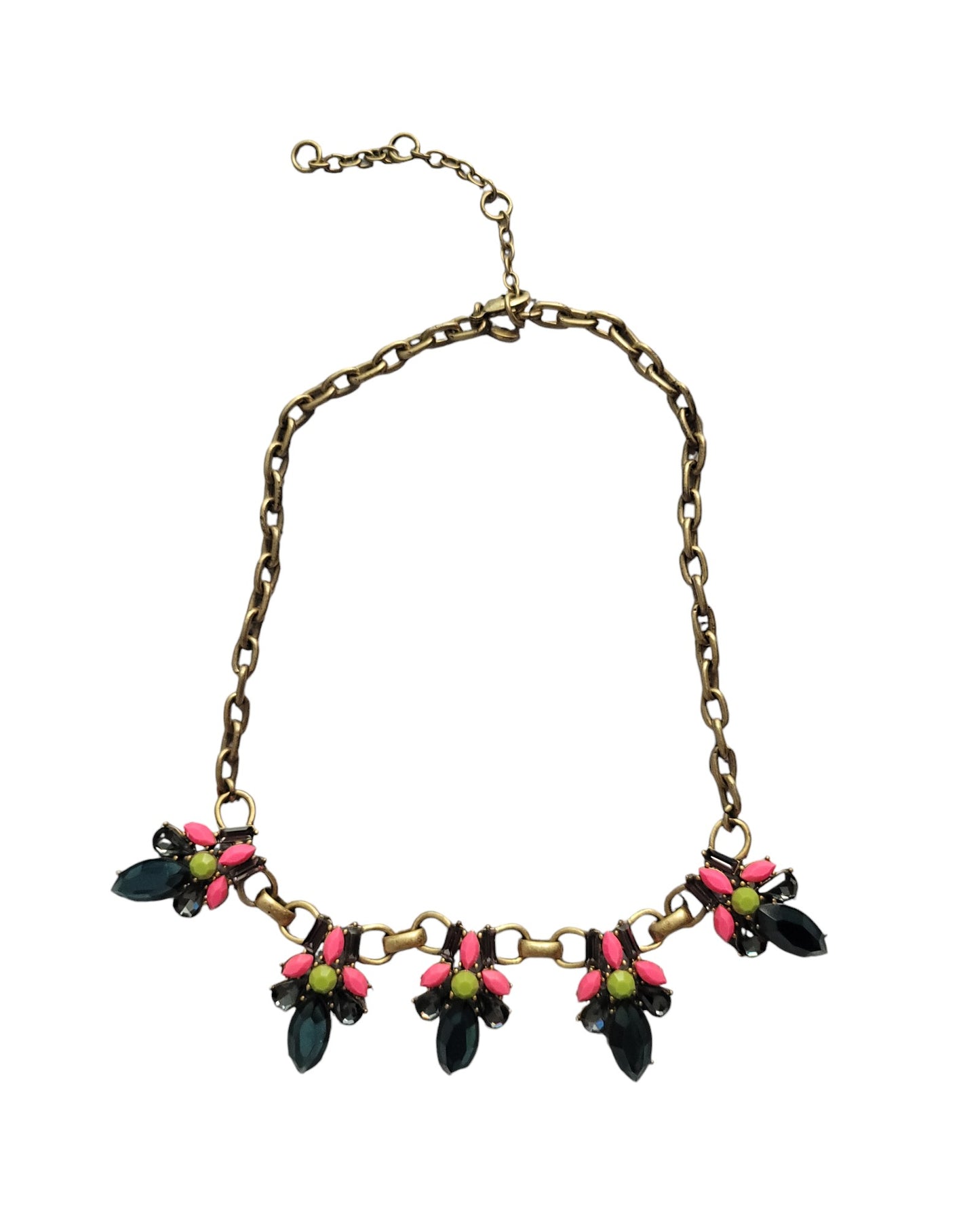 Necklace of Montana Blue, Opaque Hot Pink and Opaque Lime Rhinestones in Antiqued Gold Tone
