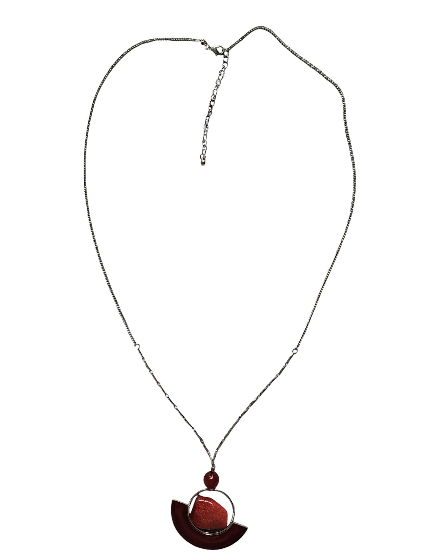 Long silver Necklace with Red Stone