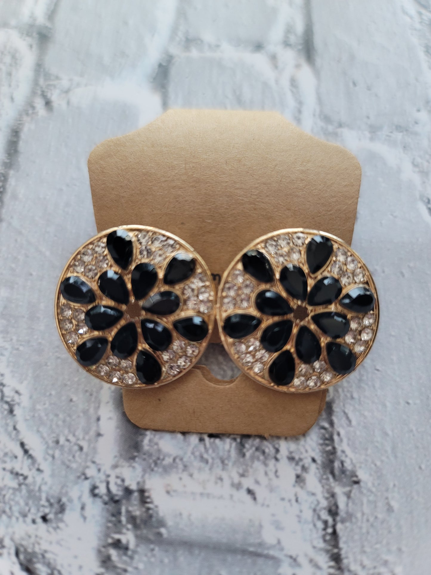 Vintage-Inspired Black & Gold Floral Stud Earrings