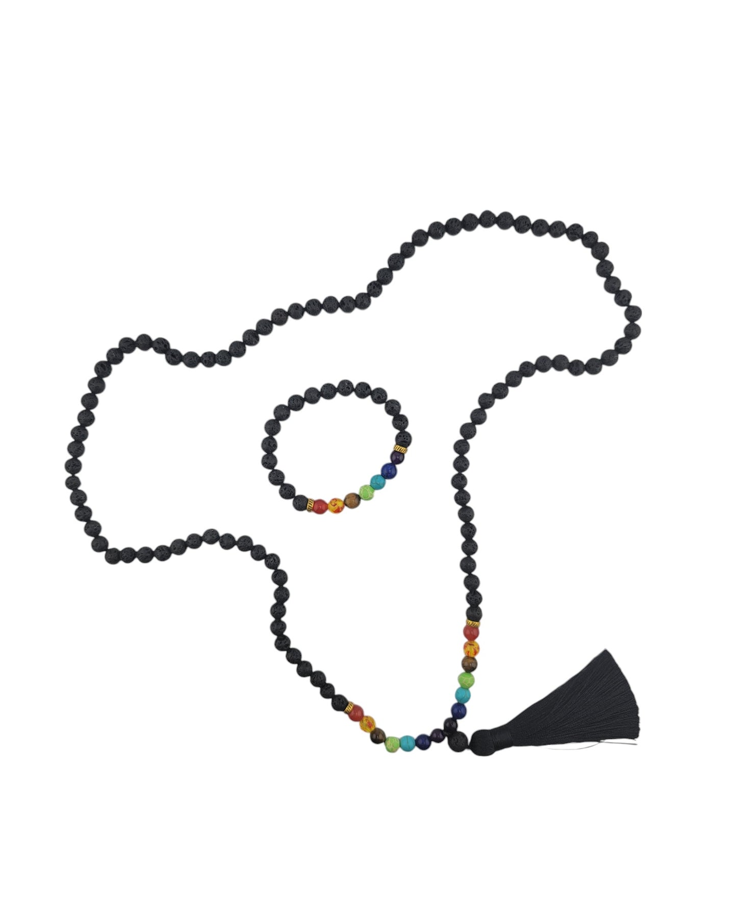 Black Lava Stone Chakra Mala Necklace & Bracelet Set