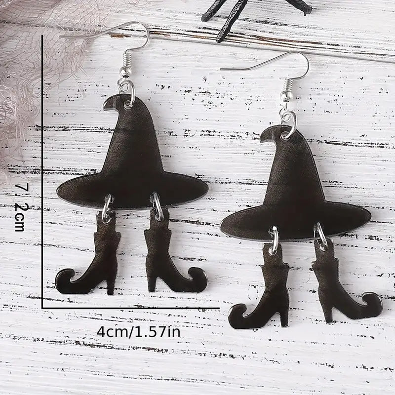 Halloween Evil Witch's Hat Boots Black Dangle Earrings
