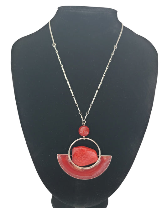 Long silver Necklace with Red Stone
