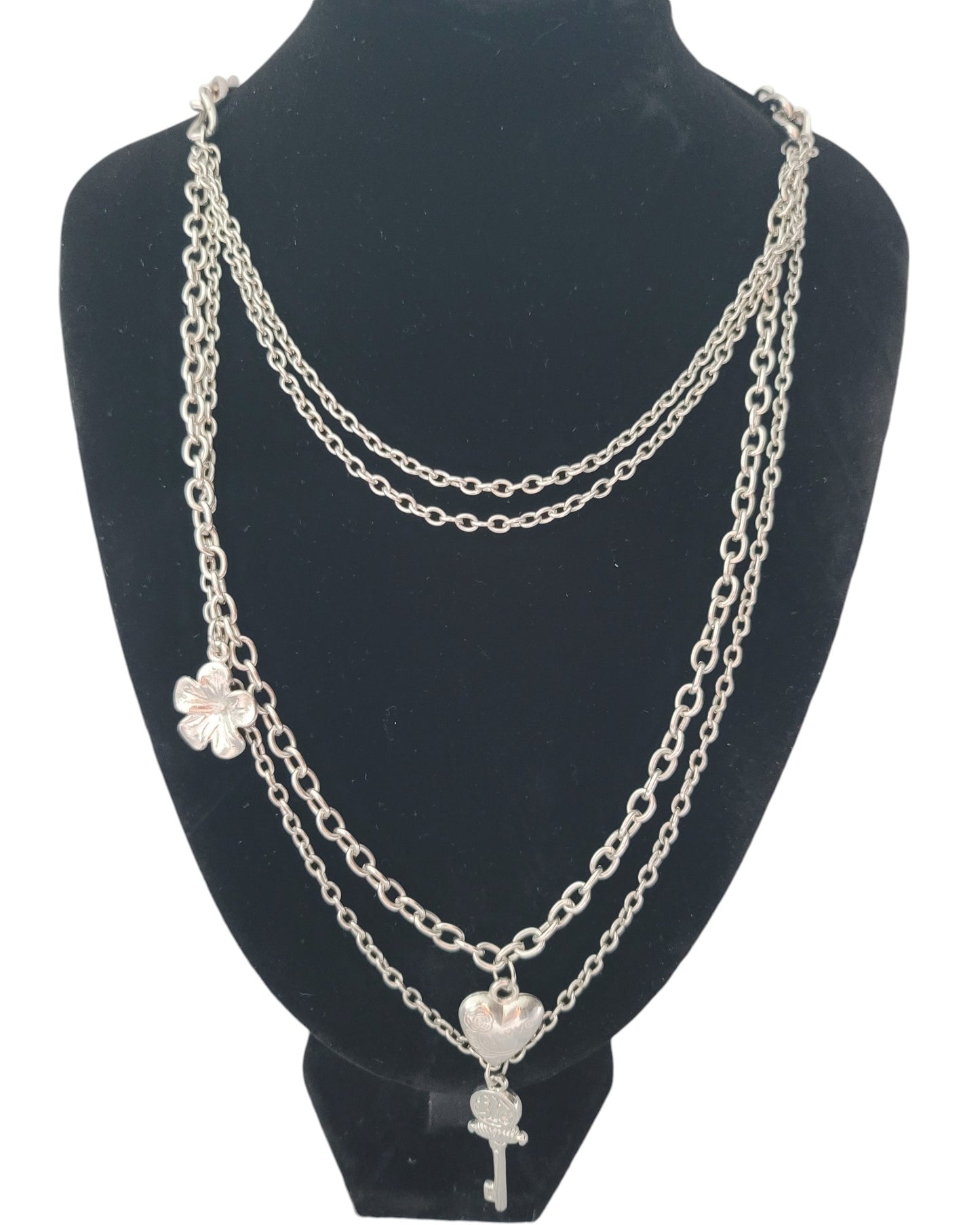 Long Silver Necklace With Heart & Flower & Key Shapes