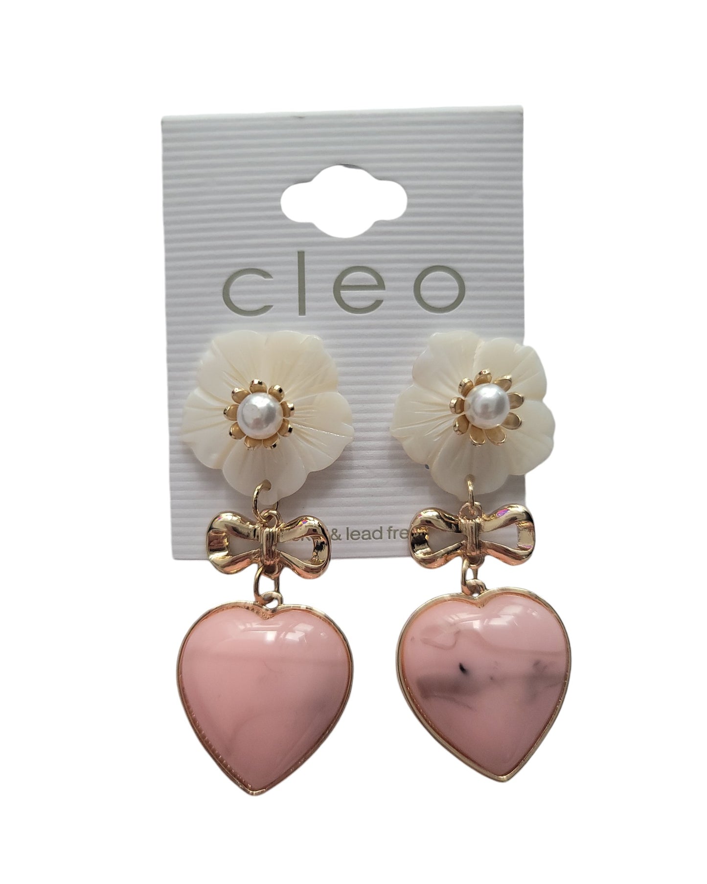 White Flower With Pink Heart Earrings