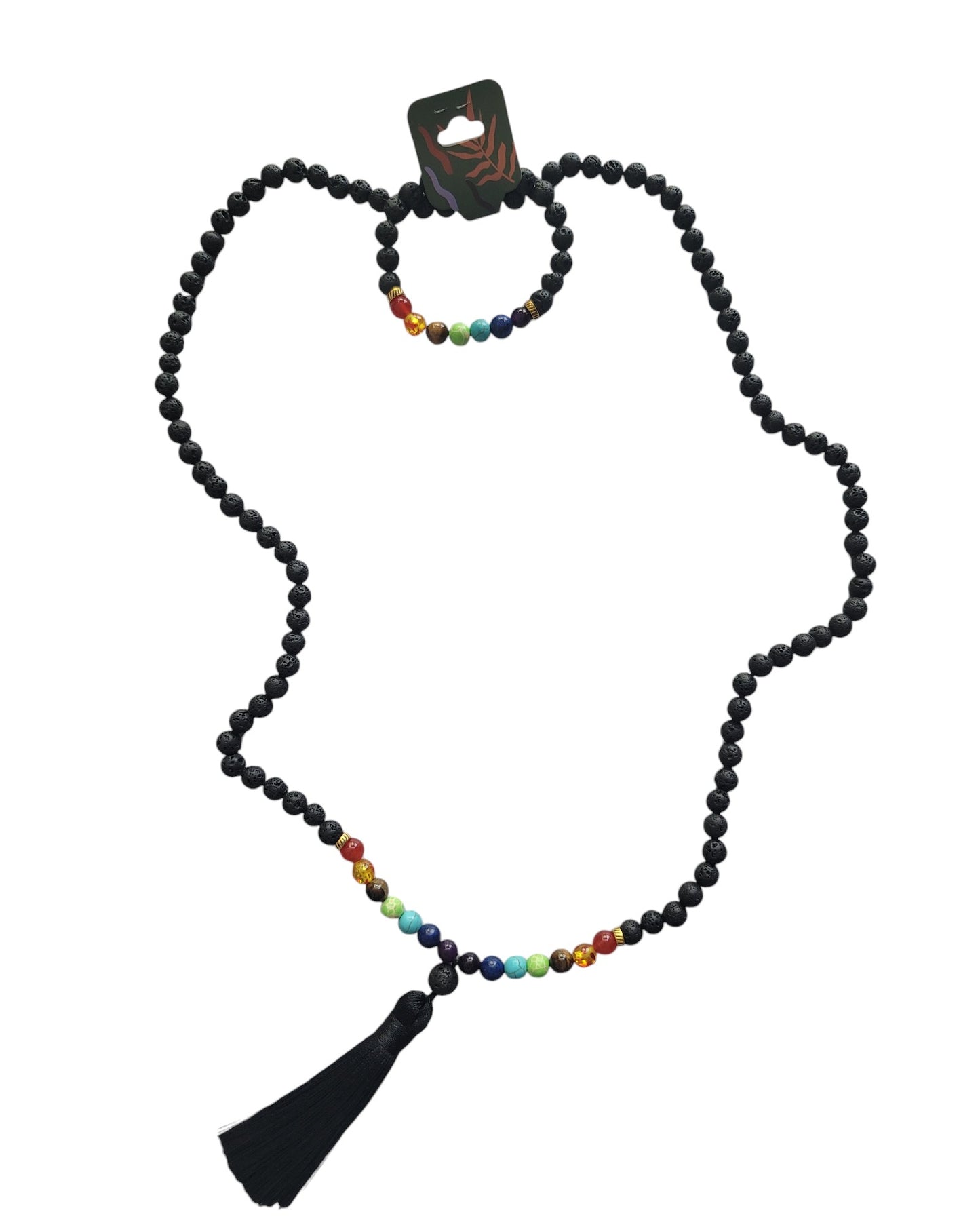 Black Lava Stone Chakra Mala Necklace & Bracelet Set