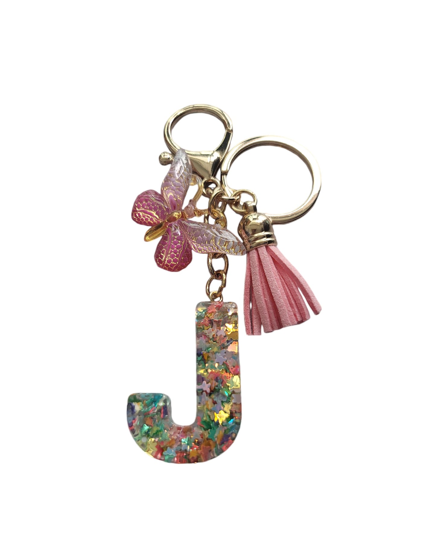 Personalized Glitter Initial Key Chain with Butterfly Charm and Tassel