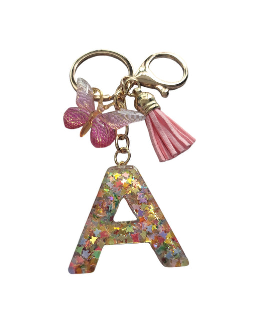 Personalized Glitter Initial Key Chain with Butterfly Charm and Tassel