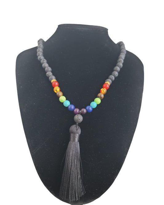 Black Lava Stone Chakra Mala Necklace & Bracelet Set