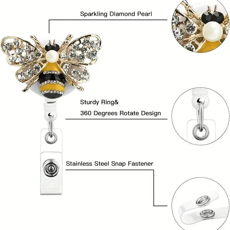 Bee Crystal Retractable Rhinestone Badge Holder